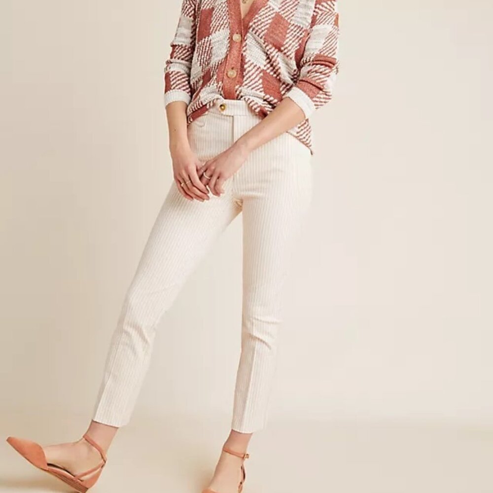 Anthropologie The Essential Slim Cropped Pinstripe Pants Size 6 White/Red